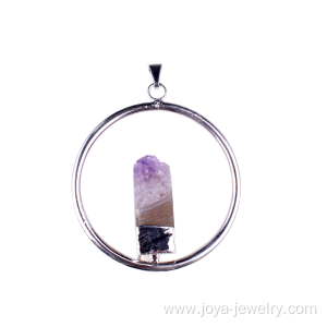 Amethyst Cluster Circle Round Pendant Plated Silver